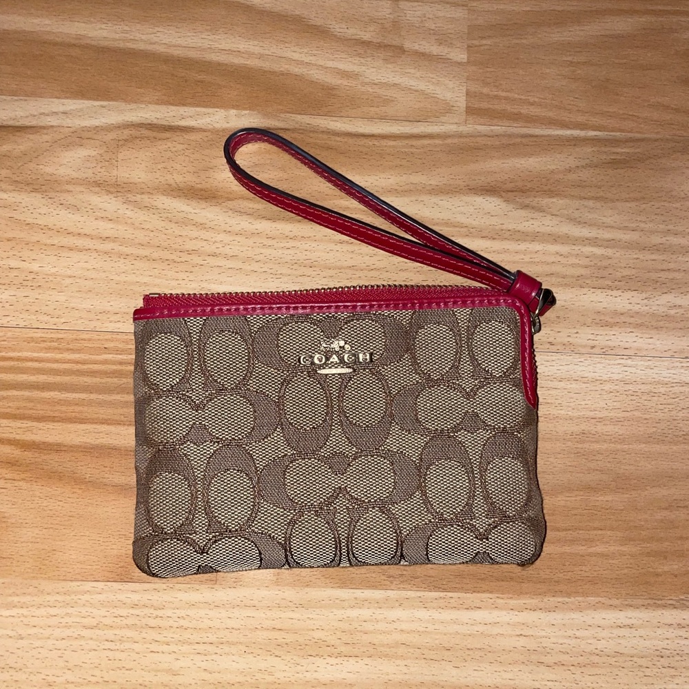 New Coach Tan and Red Signature Wristlet